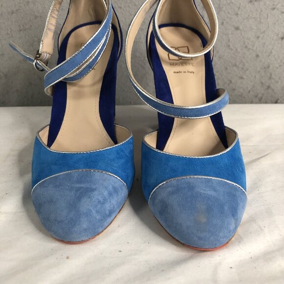 Mavette Shoes Womens 7.5 Blue Suede Nala D'orsay Pump Round Toe  Silver Piping - Picture 3 of 16